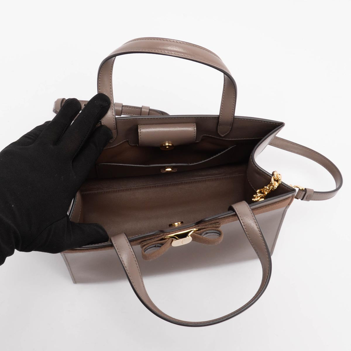 Ferragamo Taupe Calfskin Vara Bow Tote