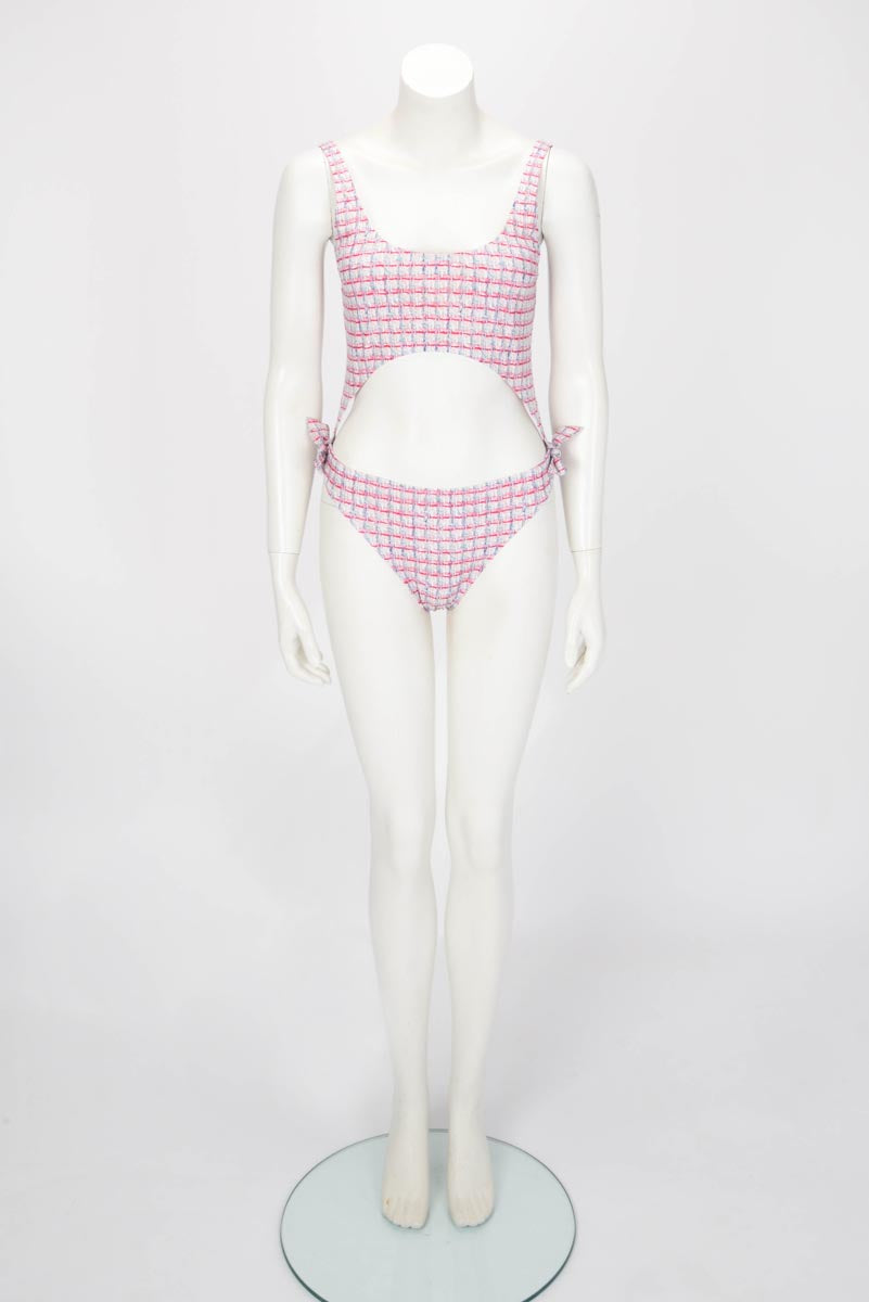 Chanel Tweed Print Cut-Out One Piece Swimsuit FR 40