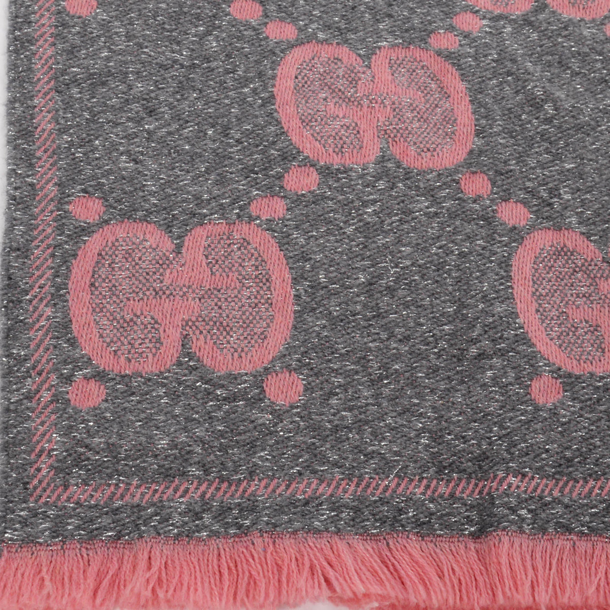 Gucci Pink & Grey Lame GG Jacquard Fringed Scarf