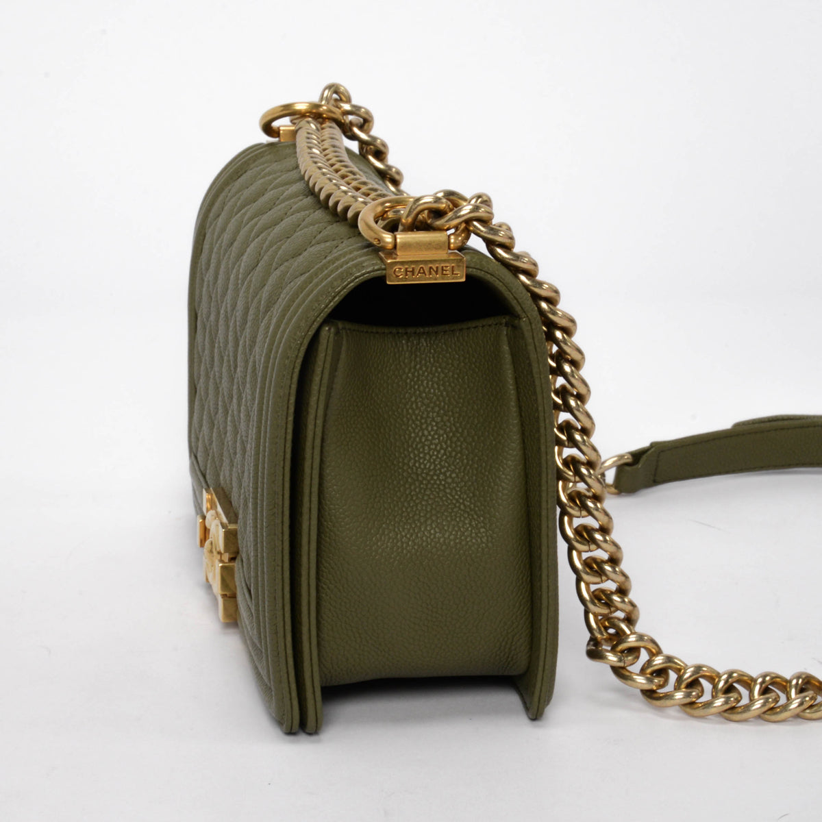 Chanel Khaki Green Quilted Caviar Old Medium Boy Bag