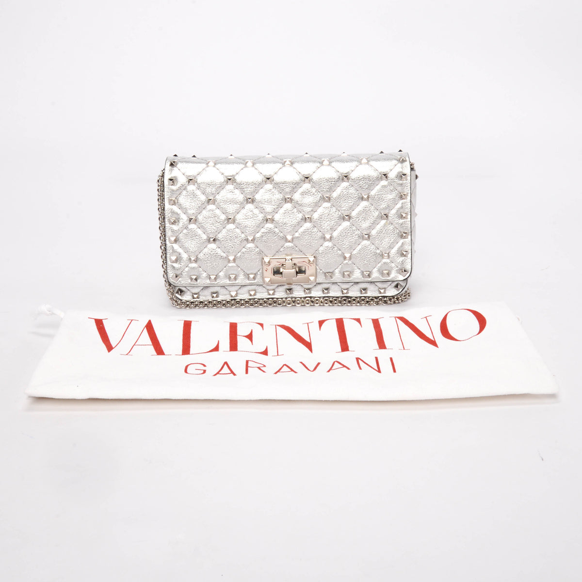 Valentino Silver Lambskin Rockstud Spike Wallet on Chain