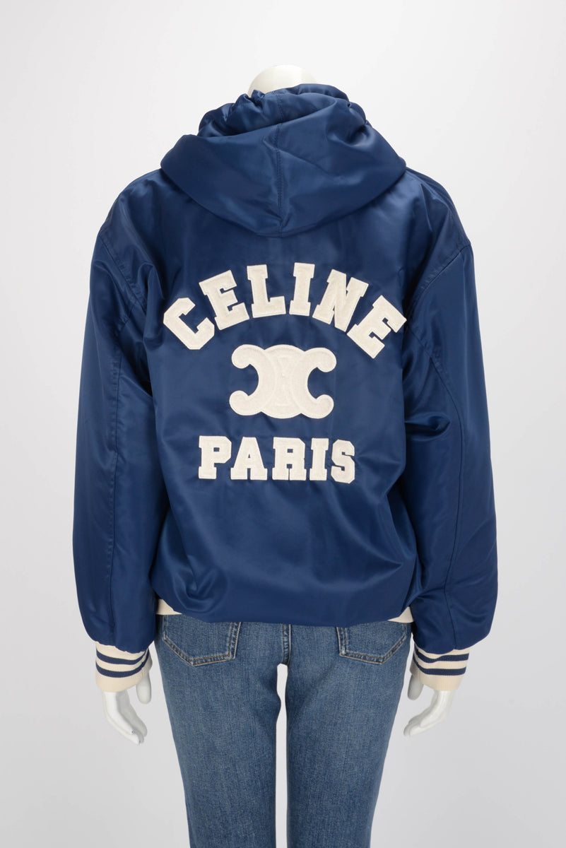 Celine Dark Blue Nylon Hooded Teddy Triomphe Jacket FR 38