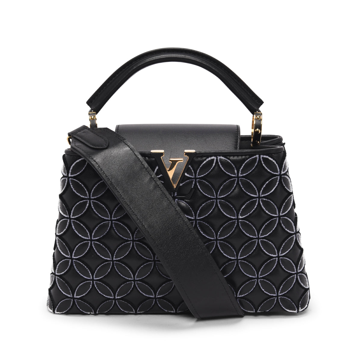Louis Vuitton Black Lambskin Flocked Flower Capucines BB