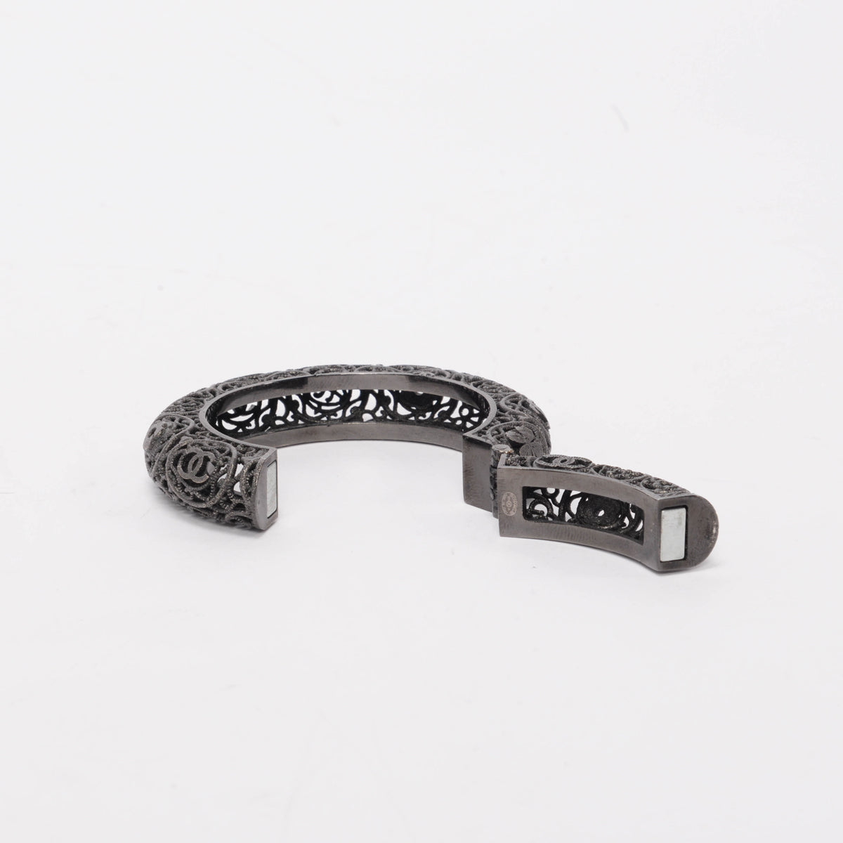 Chanel Blackened Metal Filigree Hinged Bracelet
