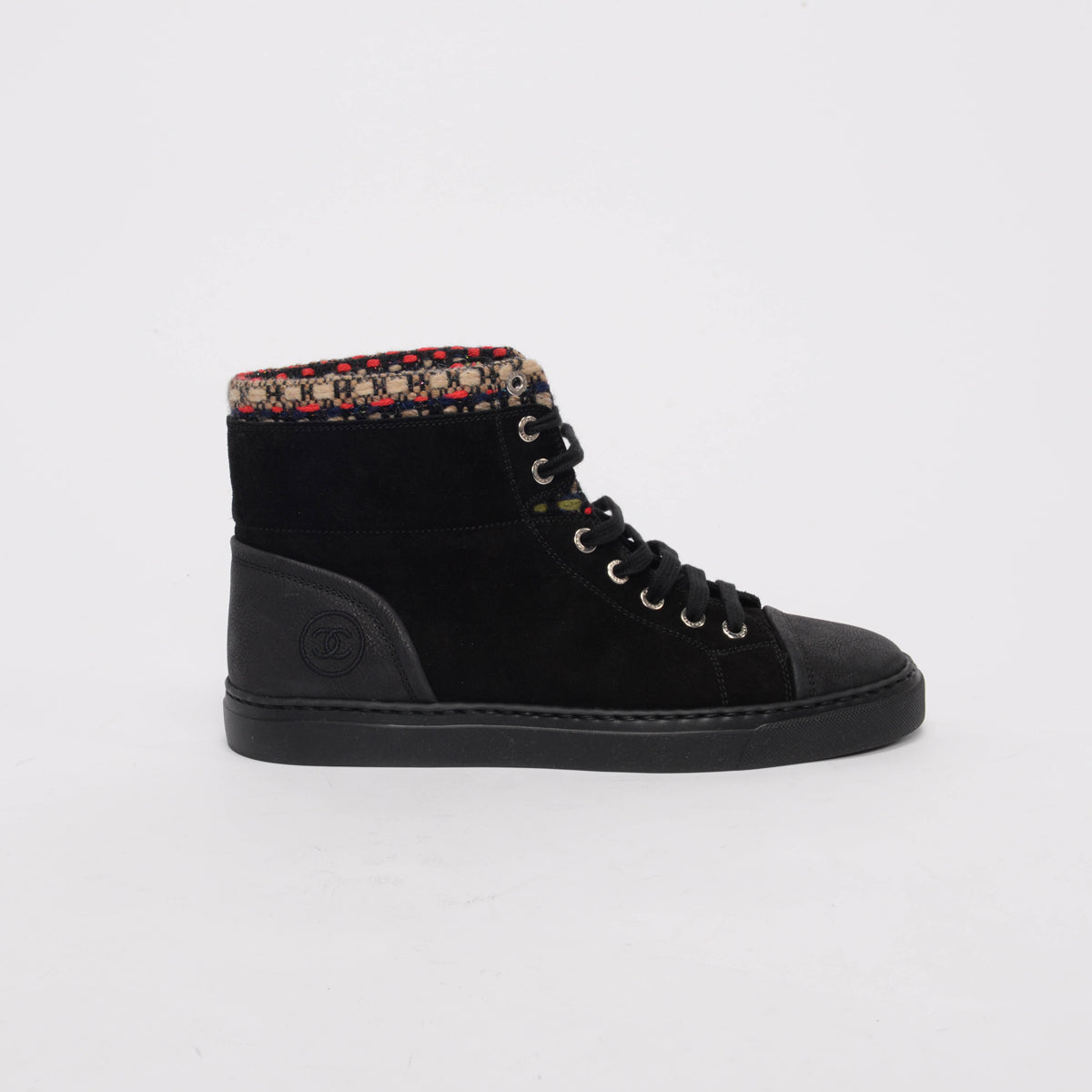 Chanel Black Suede Tweed Trim High-Top Sneakers 38