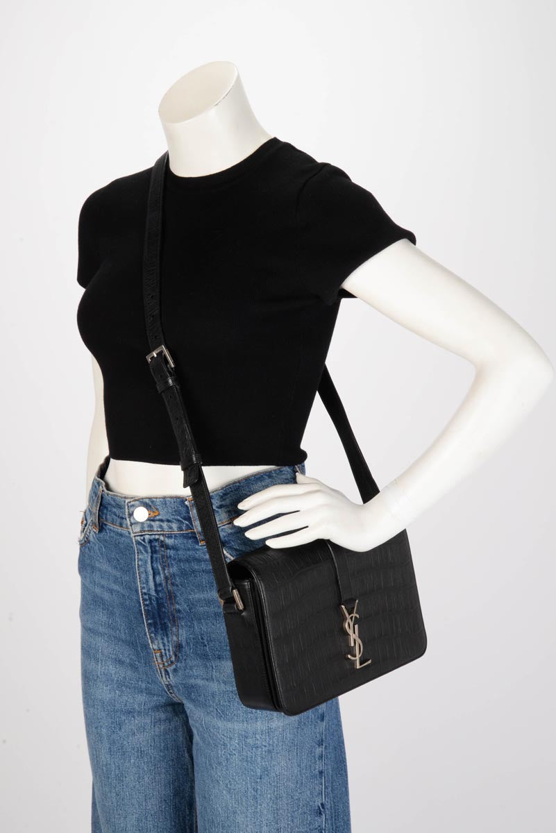 Saint Laurent Black Croc Embossed Medium Universite Shoulder Bag
