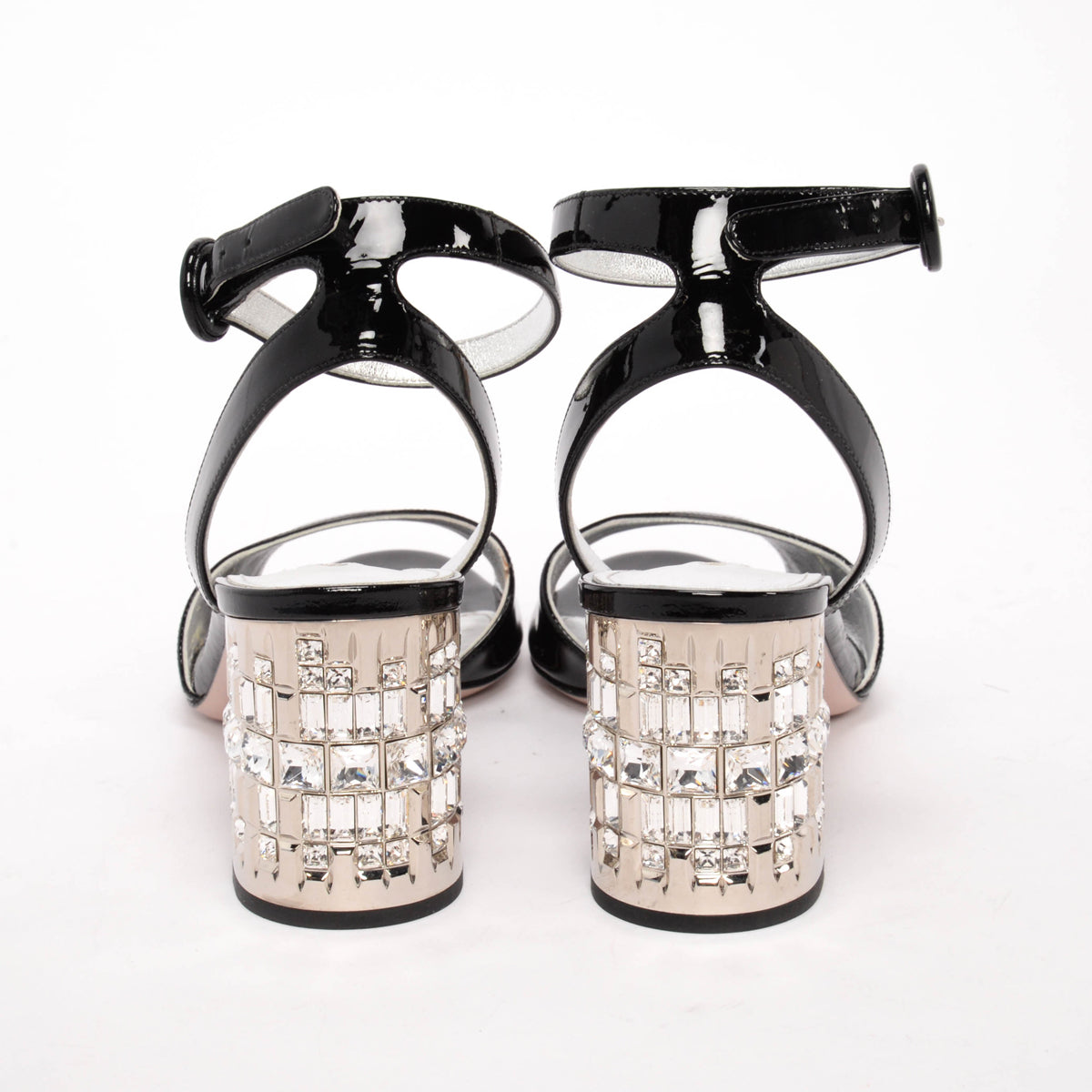 Prada Black Patent Crystal Heel Sandals 38.5