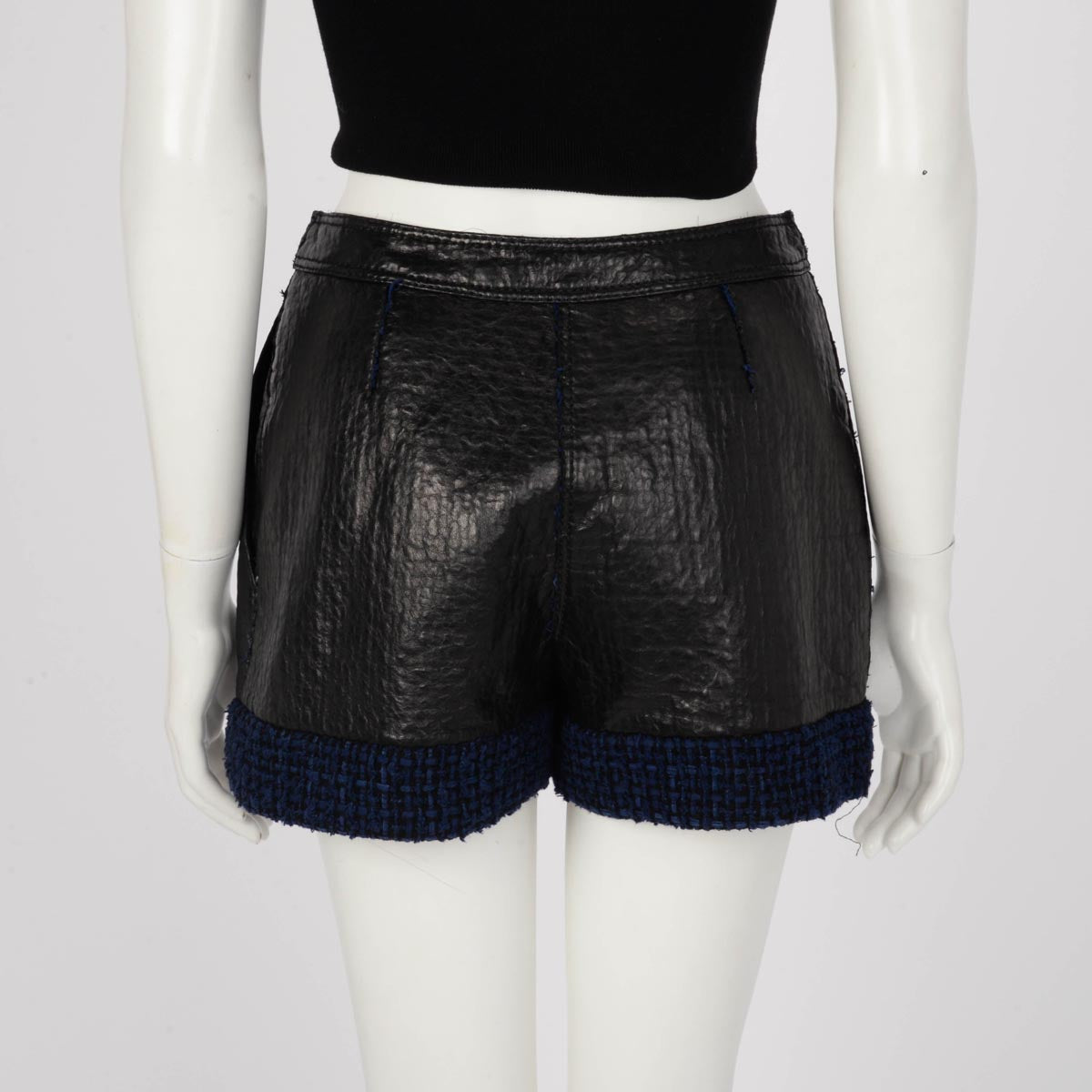 Chanel Black & Blue Leather Embossed Tweed Shorts FR 38