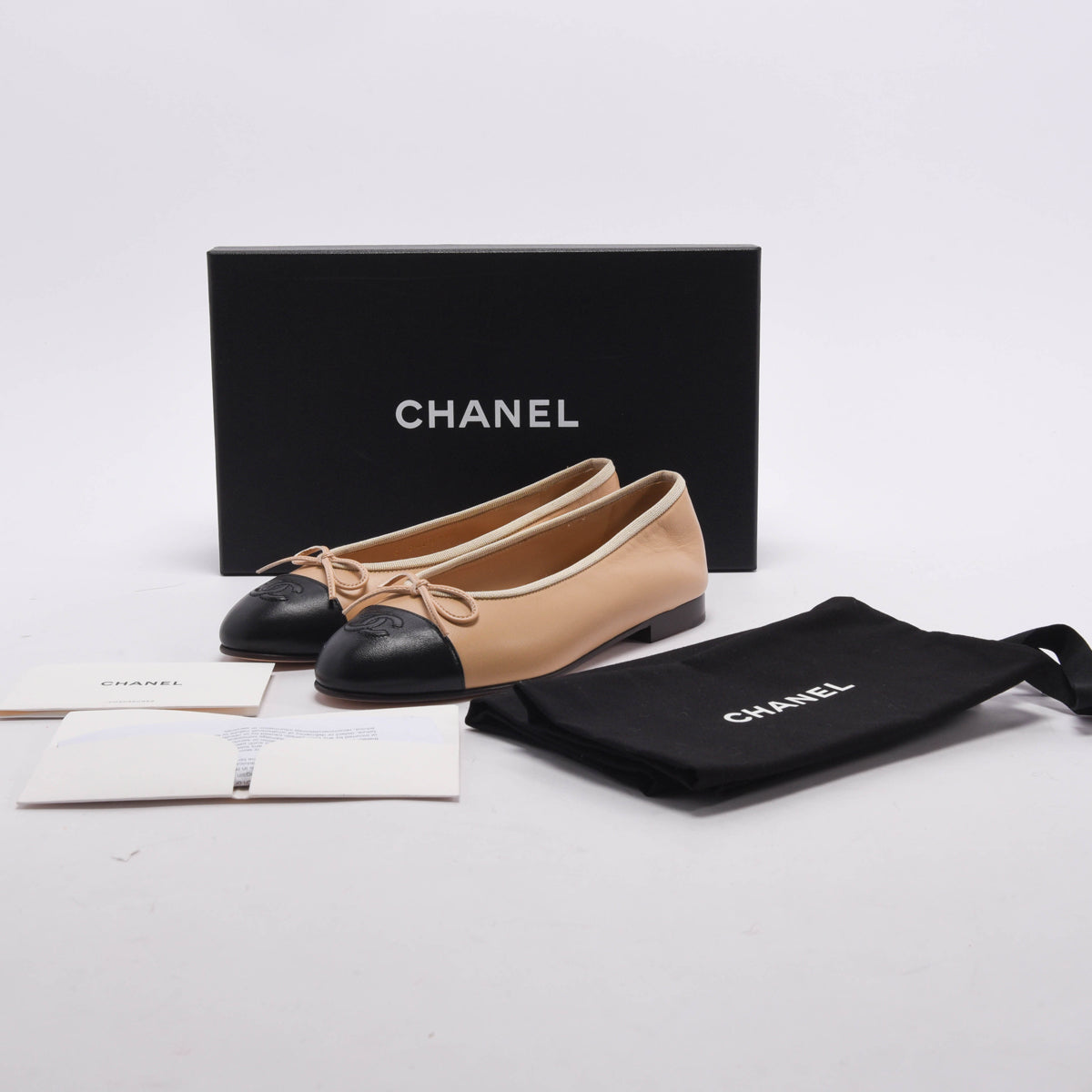 Chanel Beige & Black Lambskin CC Ballet Flats 36