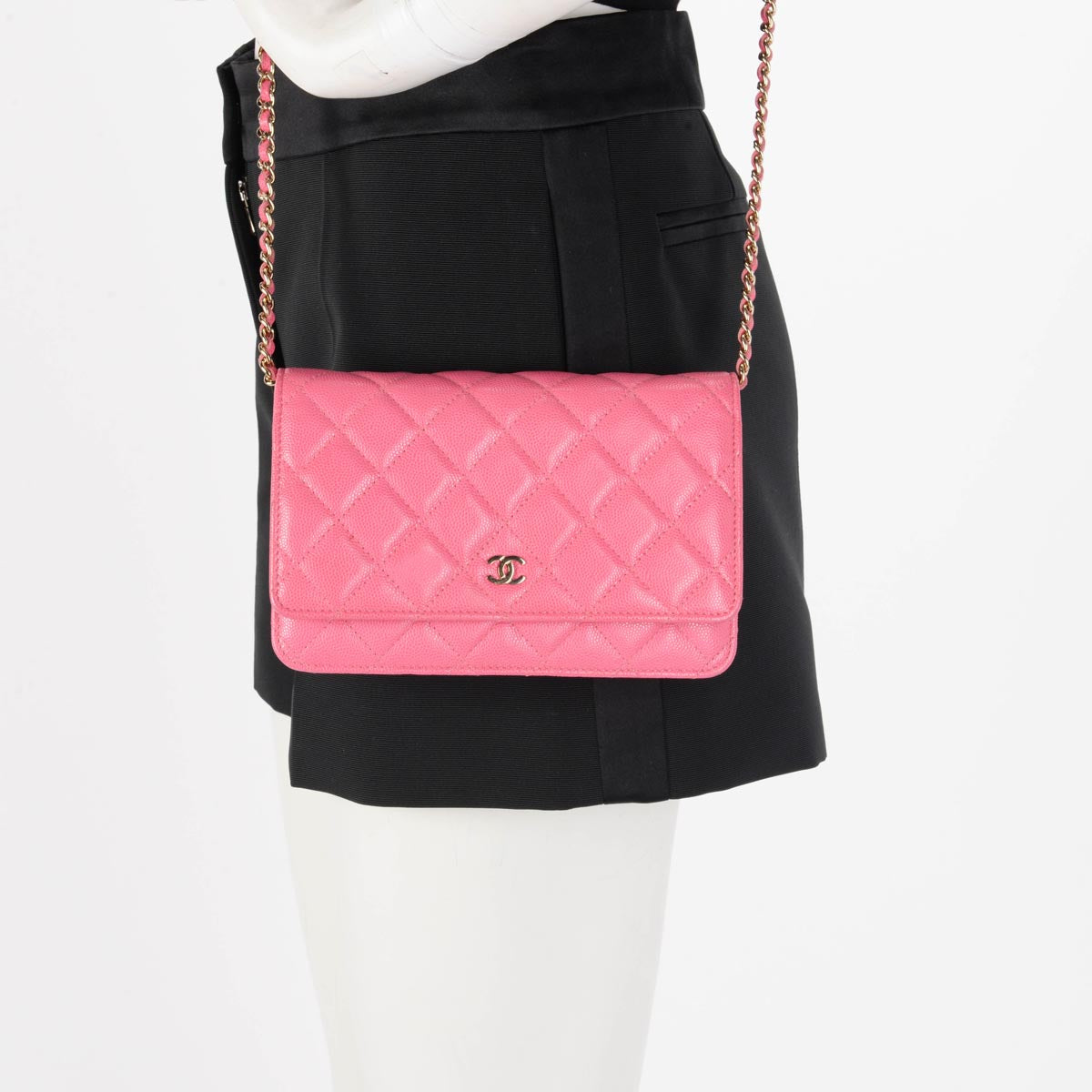 Chanel Pink Quilted Caviar Classic Wallet On Chain