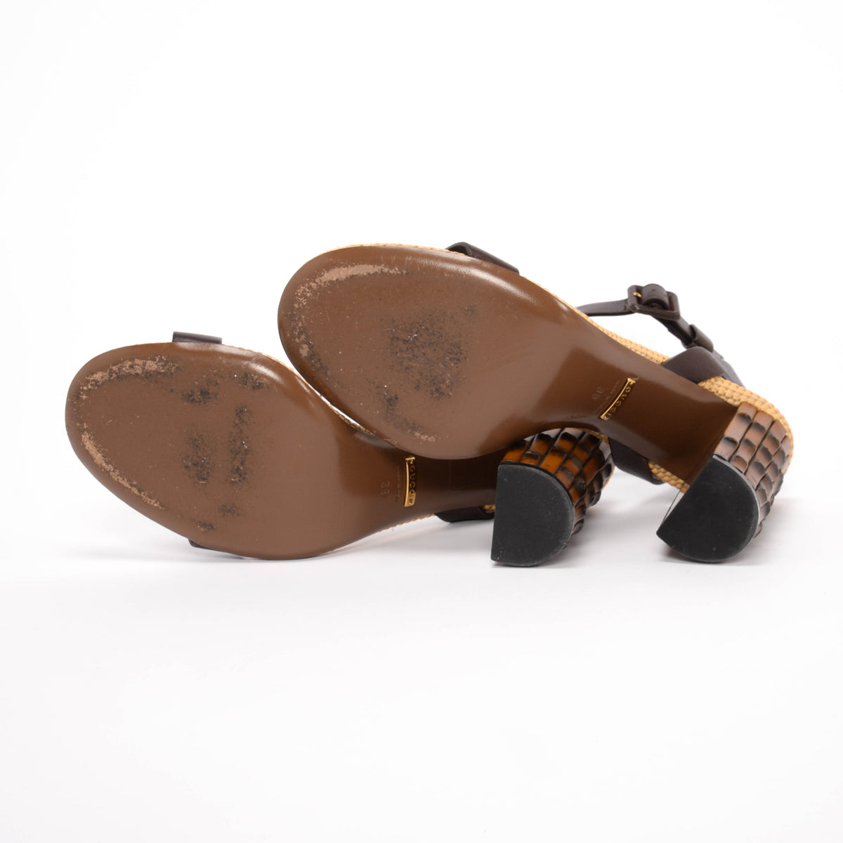 Gucci Brown Leather & Rattan Dahlia Ankle Strap Sandals 39