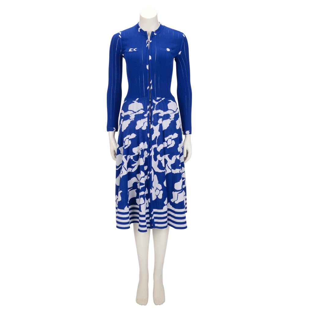 Chanel Blue & White Knit Pleated Zip Dress FR 36
