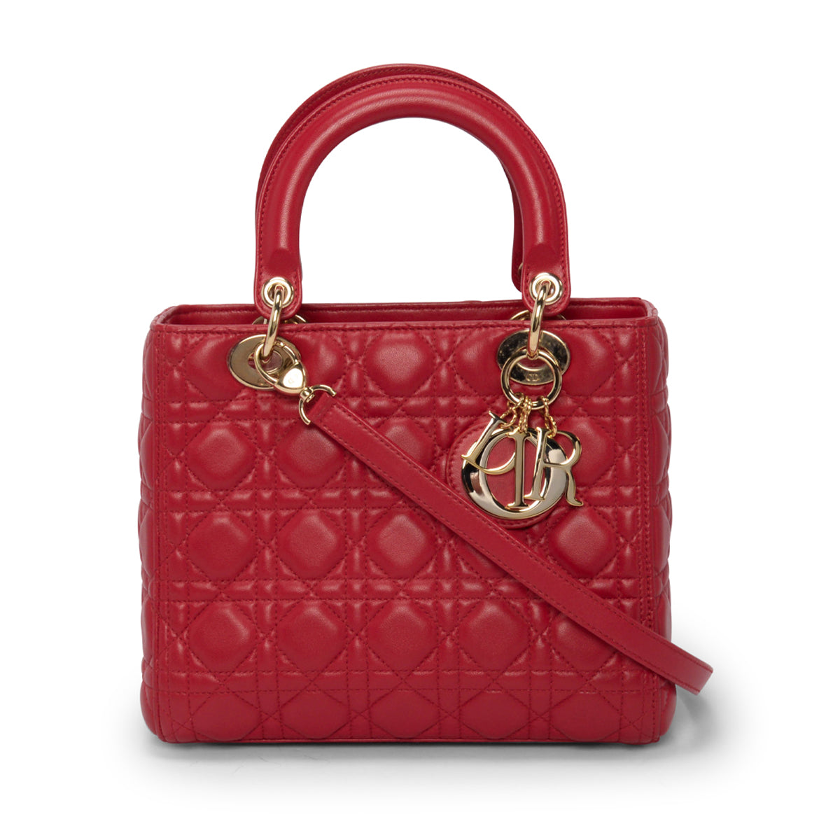 Dior Red Lambskin Cannage Medium Lady Dior Bag