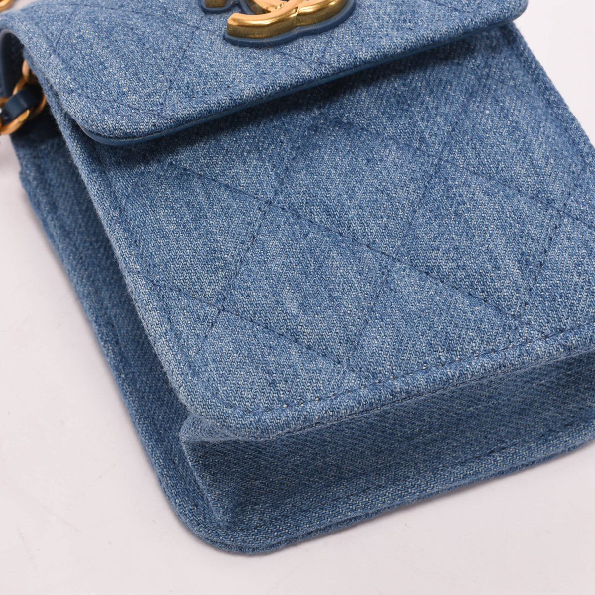 Chanel Blue Quilted Denim Flap Clutch With Chain