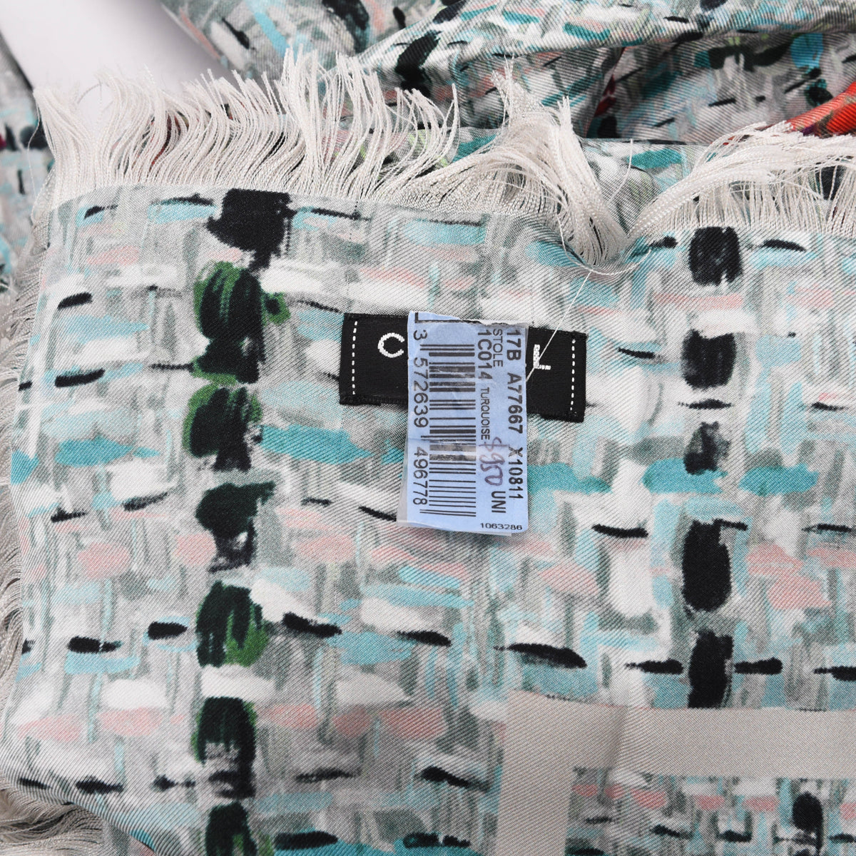 Chanel Turquoise Silk Tweed Print CC Shawl