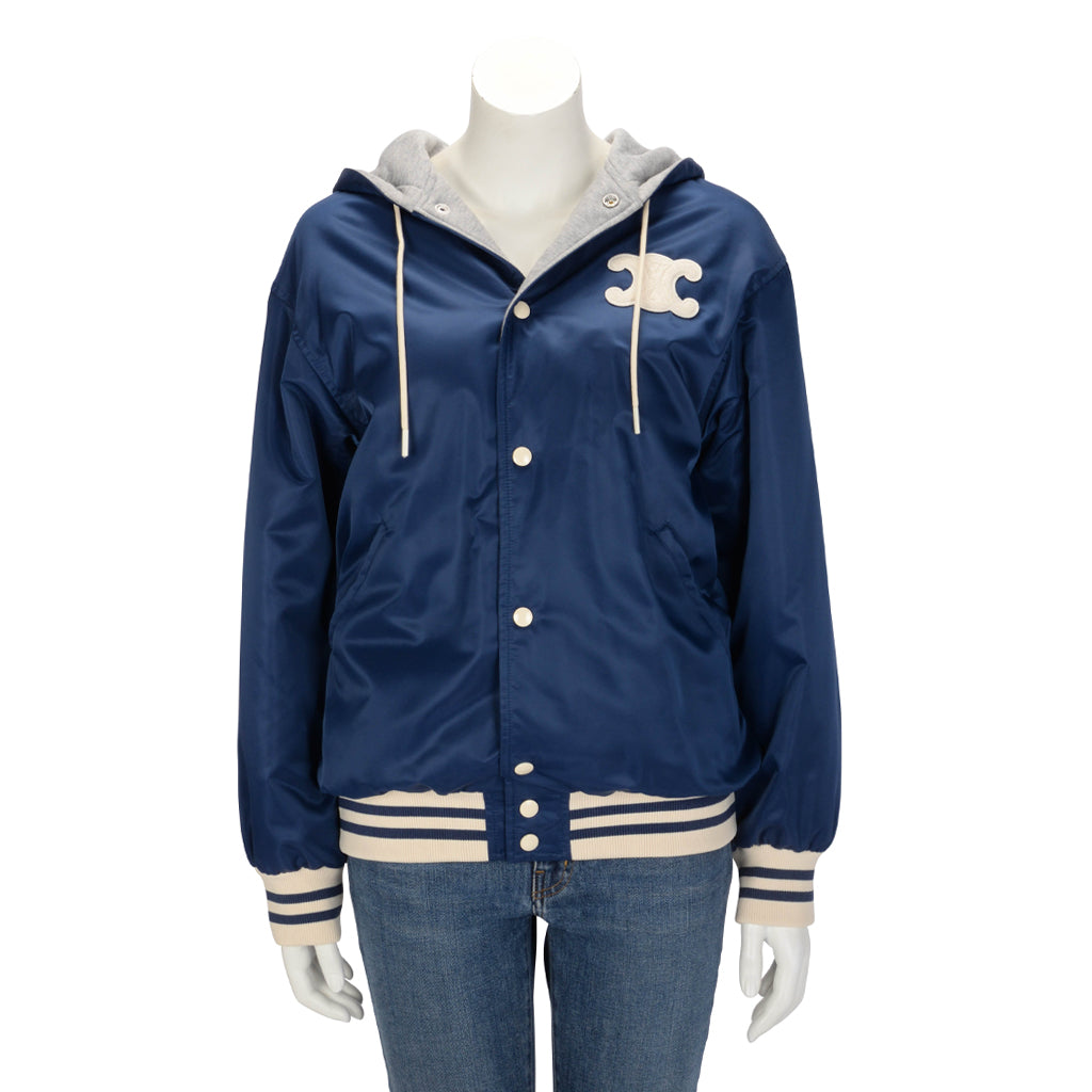 Celine Dark Blue Nylon Hooded Teddy Triomphe Jacket FR 38