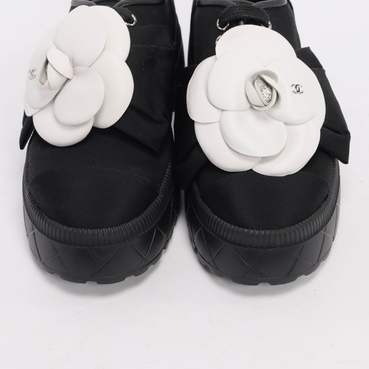 Chanel Black Grosgrain Camellia Lace Up Loafers 36