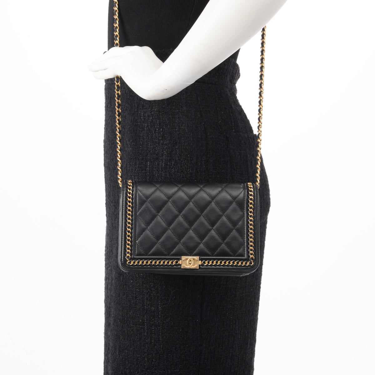 Chanel Black Lambskin Chain Around Boy Wallet On Chain