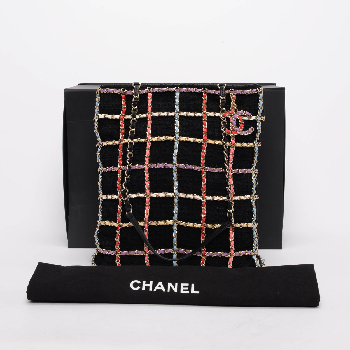 Chanel Black Tweed & Rainbow Chain Large Shopping Tote
