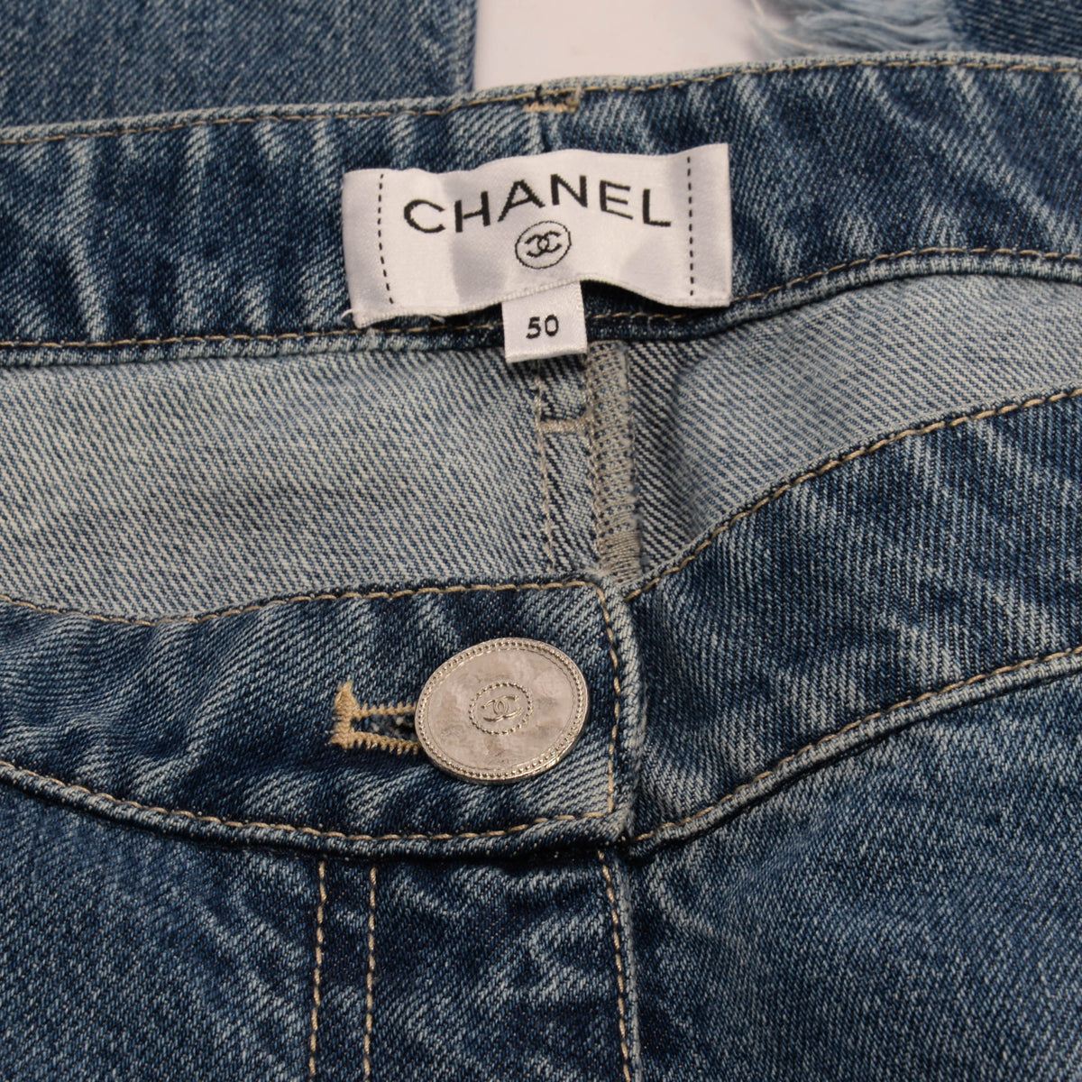 Chanel Blue Denim CC Frayed Hem Jeans FR 50