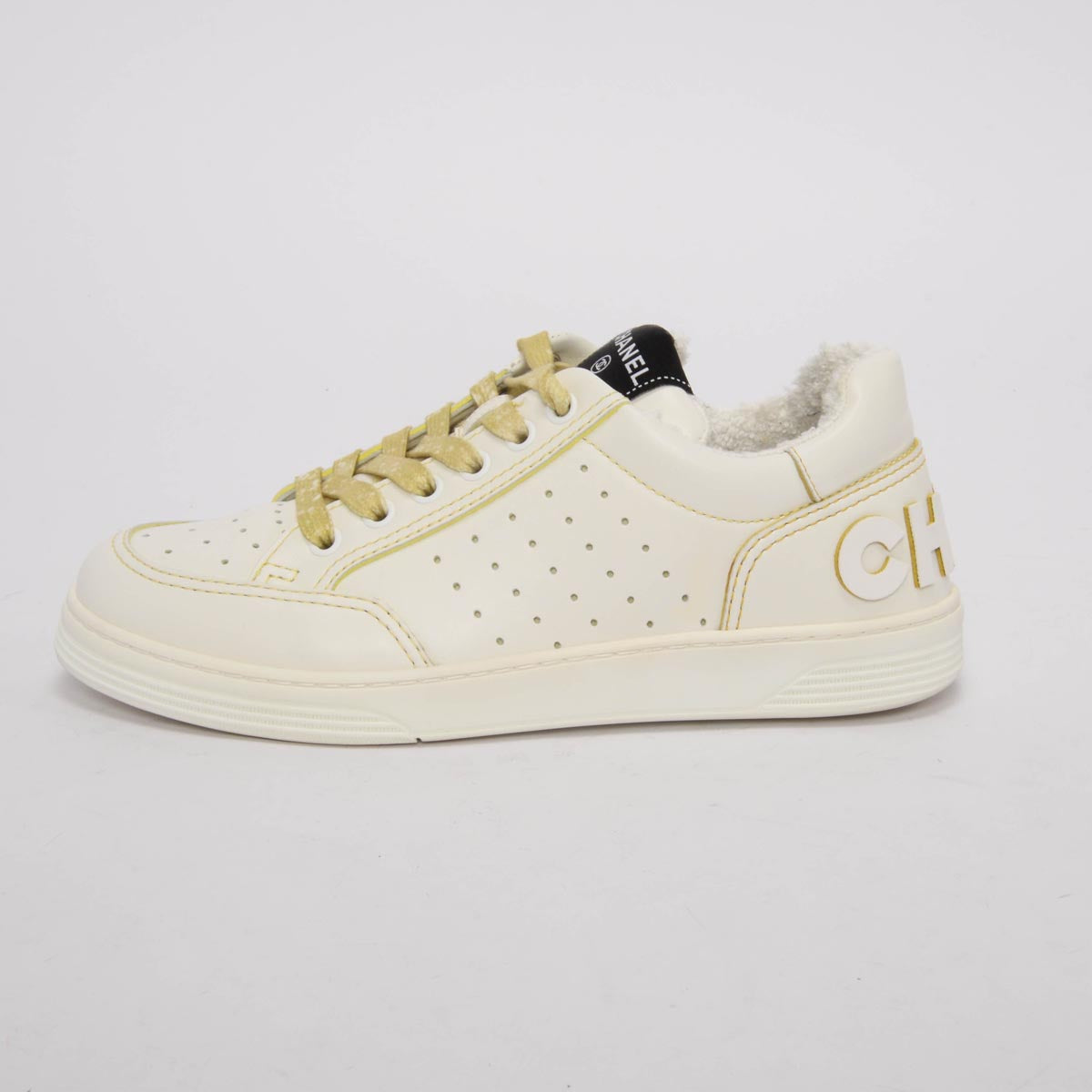 Chanel White & Yellow Calfskin Logo Sneakers 37.5