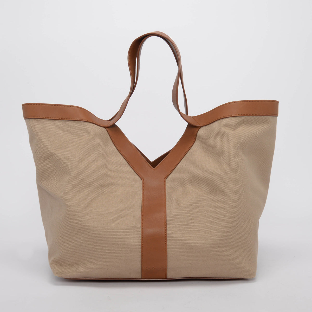 Saint Laurent Brown & Ecru Leather & Canvas Y Tote