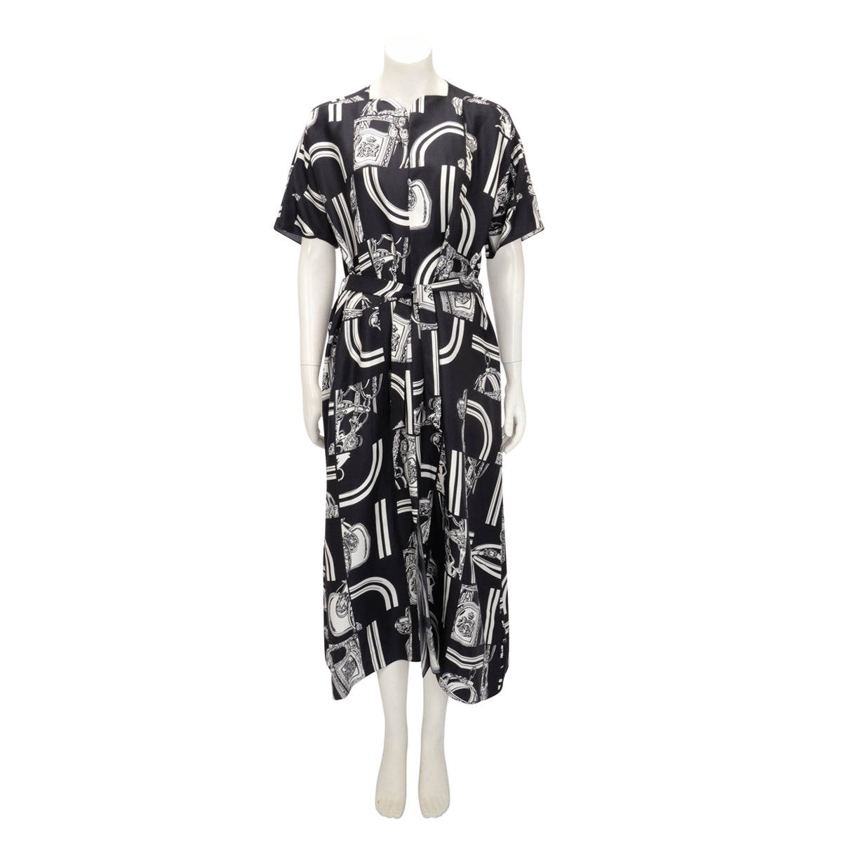 Hermes Bleu Noir Silk En Desordre Finesse Belted Kaftan FR 38