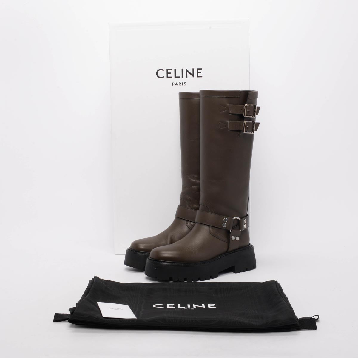Celine Khaki Calfskin High Biker Boots 39