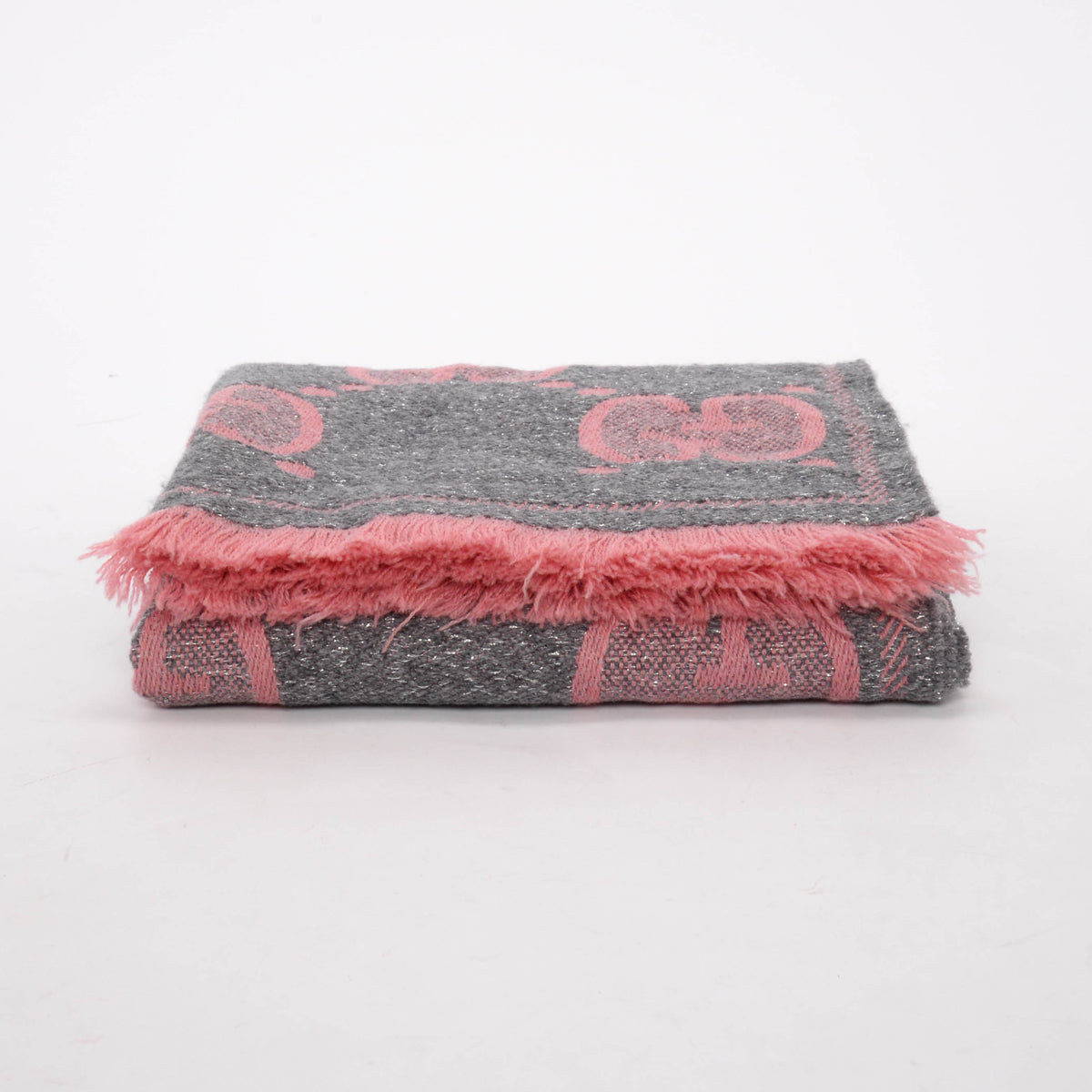 Gucci Pink & Grey Lame GG Jacquard Fringed Scarf