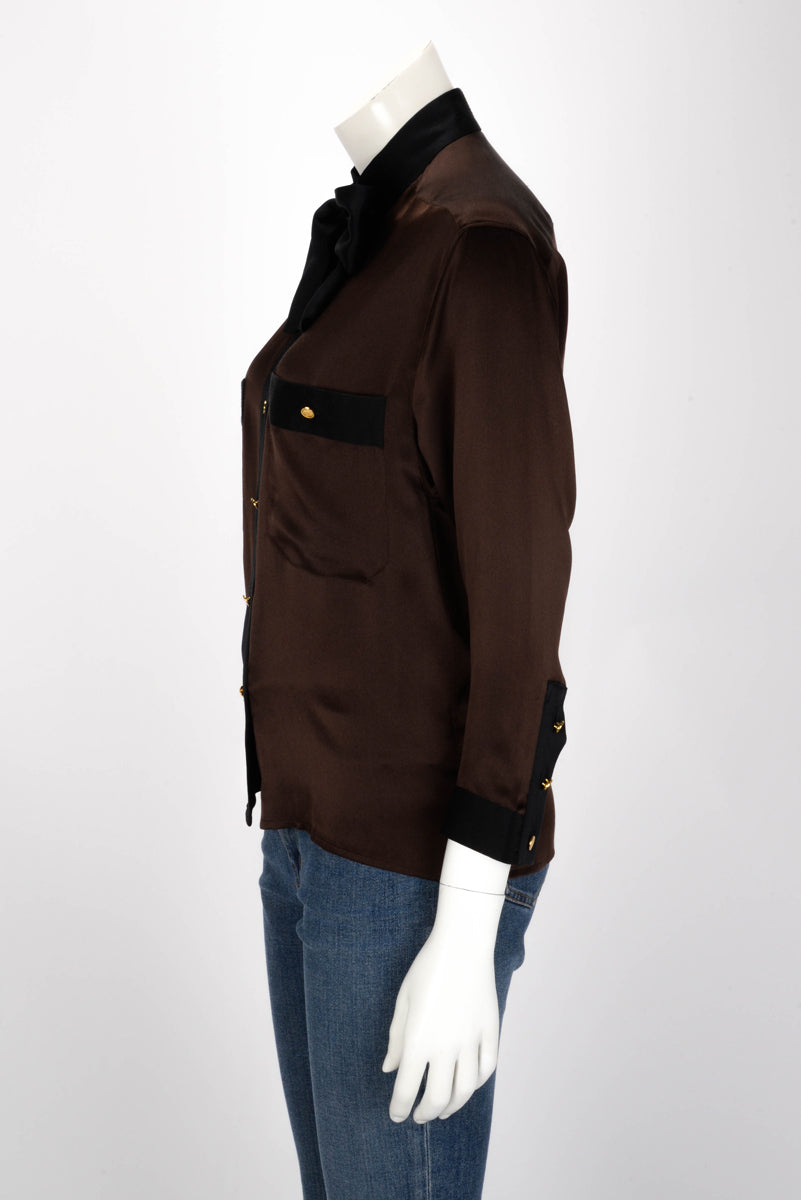 Chanel Brown Satin Tie Neck Blouse FR 38