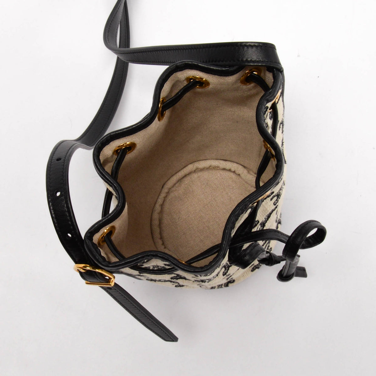 Celine Ecru & Black Triomphe Canvas Micro Drawstring Bucket Bag