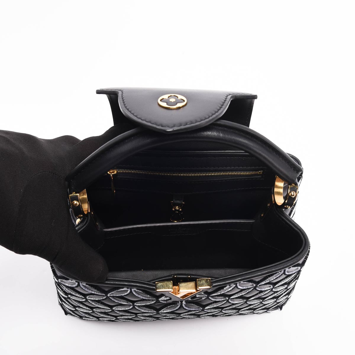 Louis Vuitton Black Lambskin Flocked Flower Capucines BB