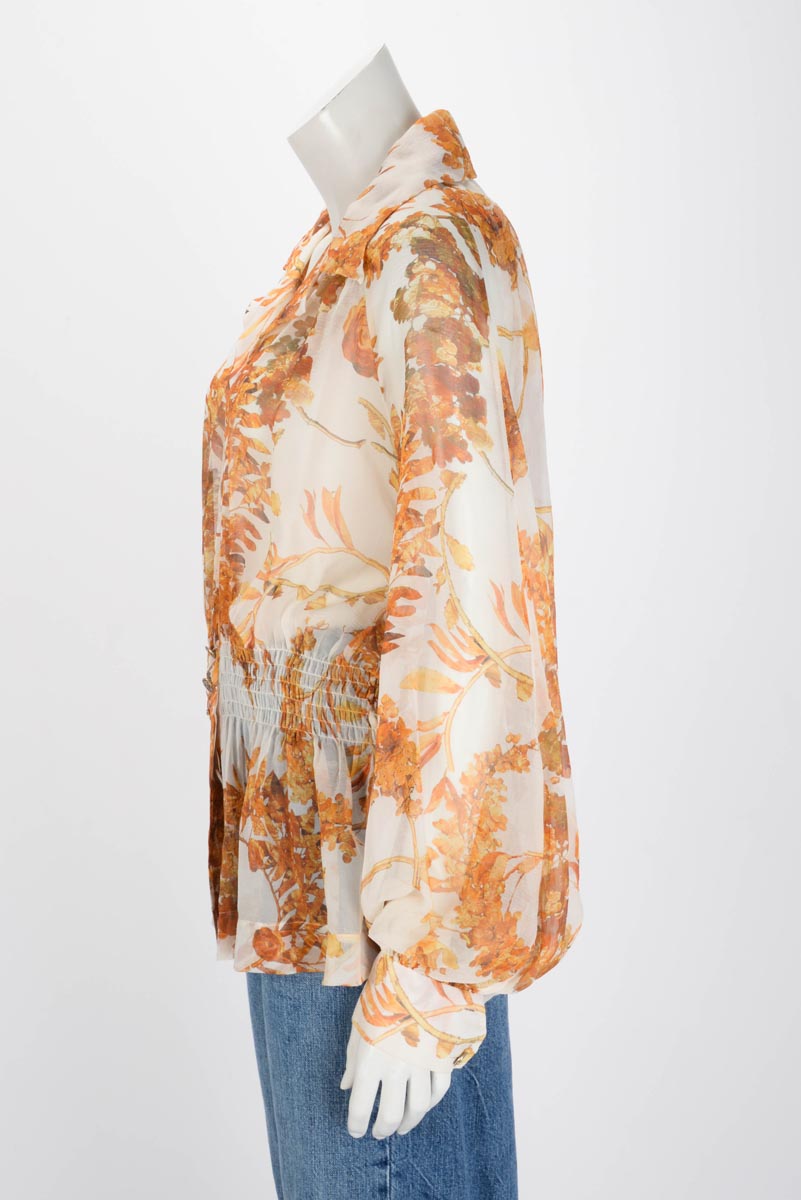 Chanel Cream Floral Silk Chiffon Shirred Waist Blouse FR 46