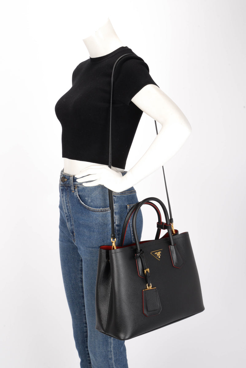 Prada Black Saffiano Cuir Medium Double Bag