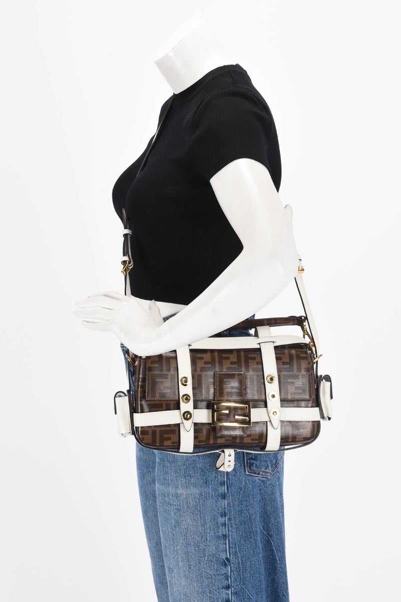 Fendi Tobacco & White Zucca Canvas Cage Baguette Bag