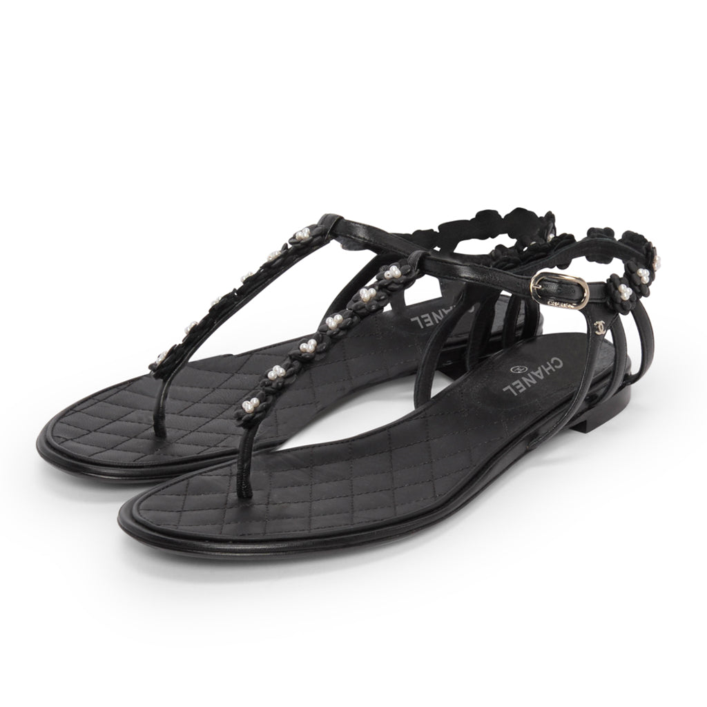 Chanel Black Lambskin & Pearl Camellia Thong Sandals 37