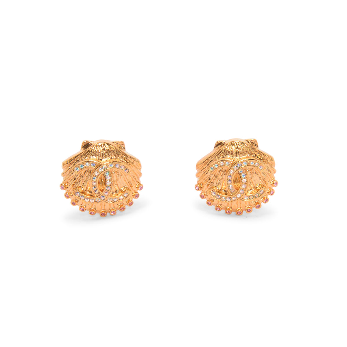 Chanel Gold Crystal CC Shell Clip-On Earrings