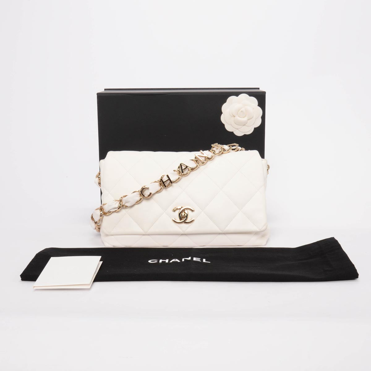 Chanel White Quilted Calfskin Large Logo Strap Bag
