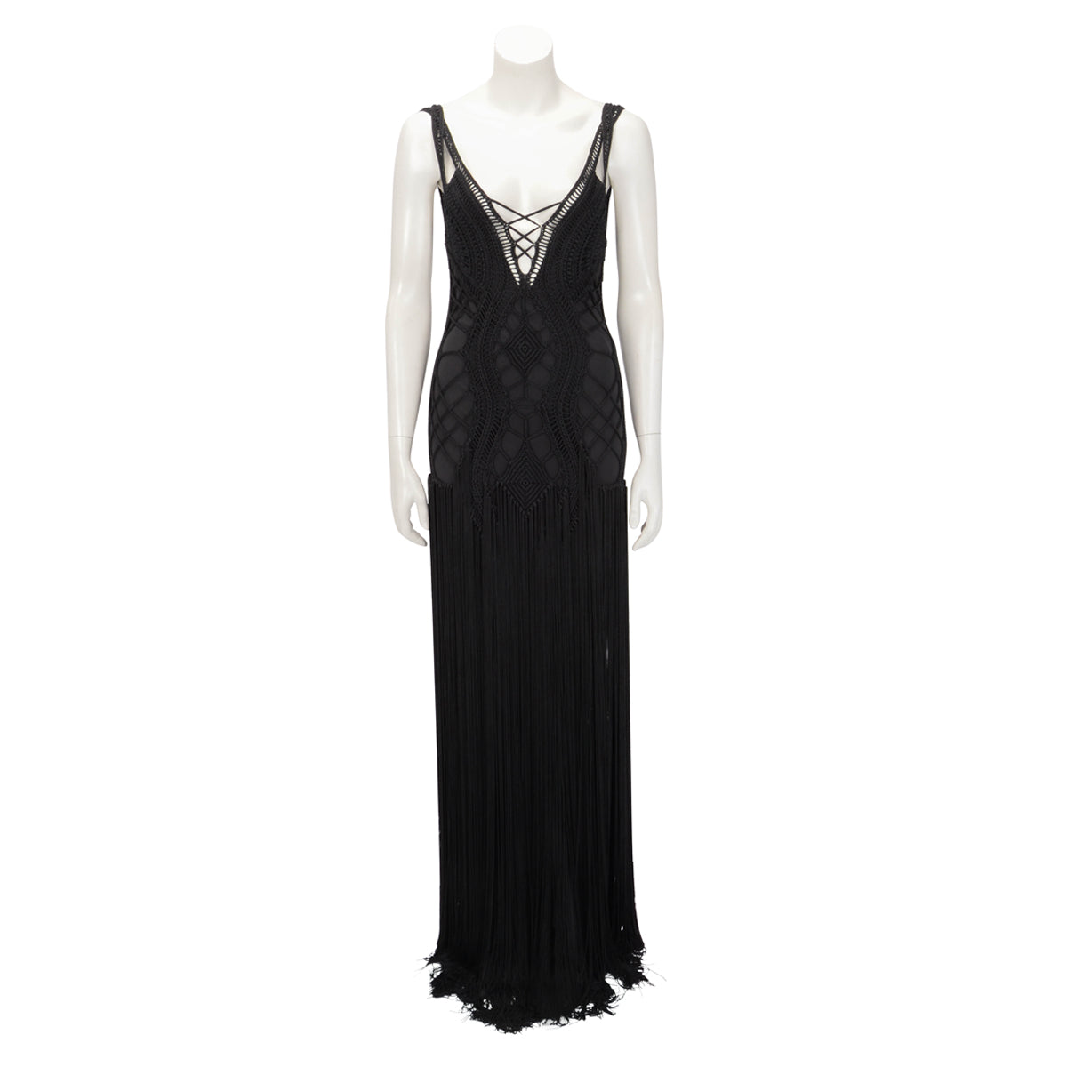 Ralph Lauren Black Crochet Fringed Evening Gown M