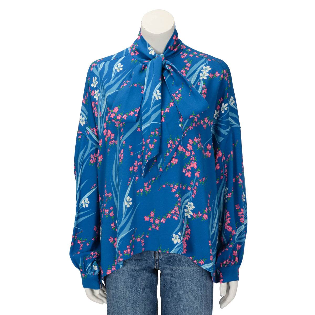 Balenciaga Blue Floral Print Neck Tie Blouse FR 38