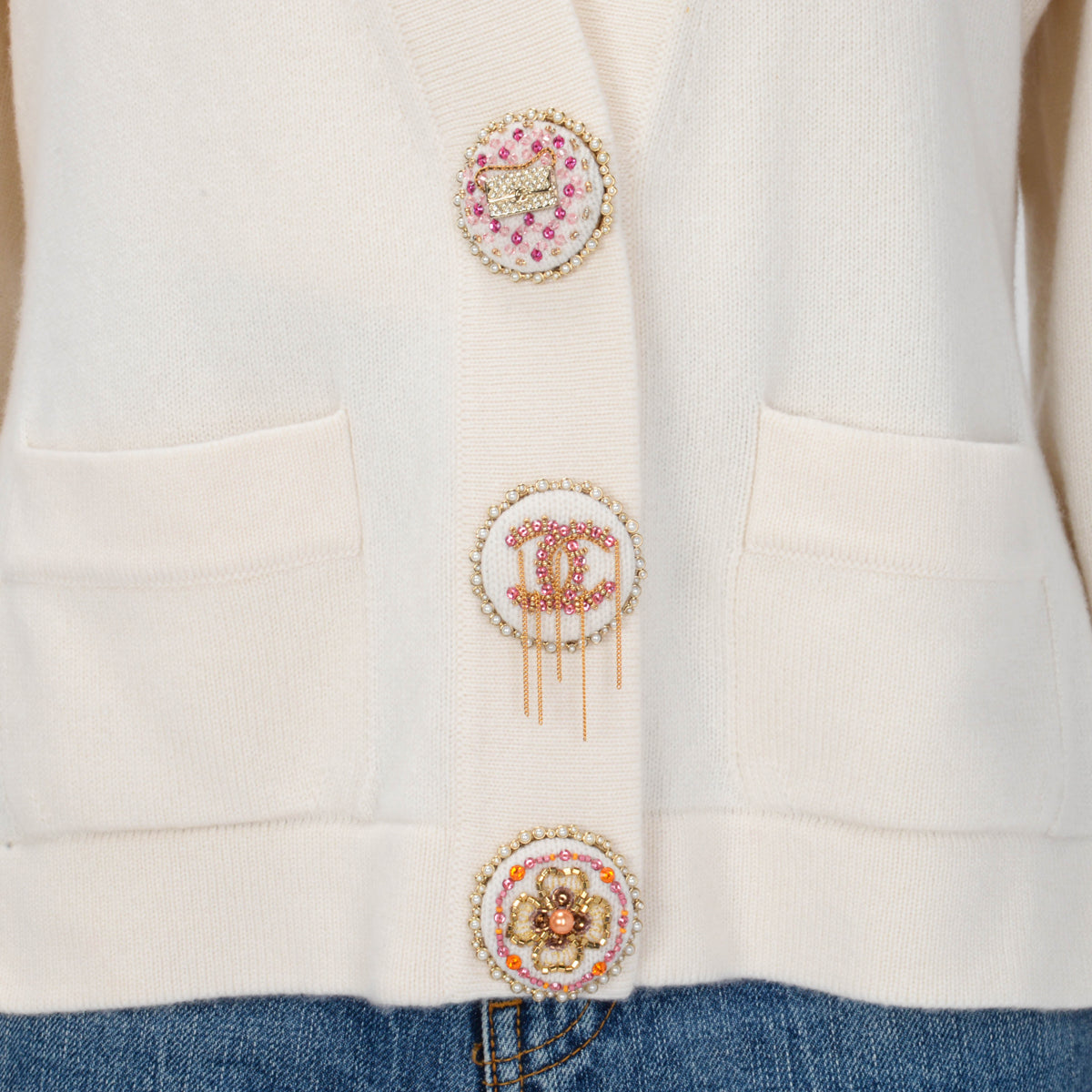 Chanel Cream Cashmere 22A Embellished Button Cardigan FR 46
