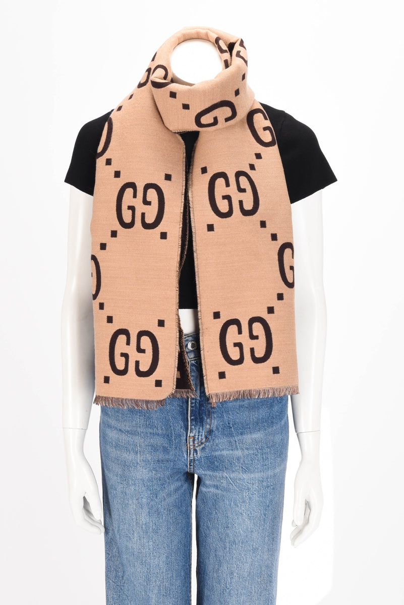 Gucci Beige & Brown Wool Silk GG Jacquard Scarf