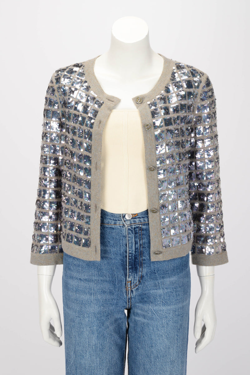 Chanel Grey Cashmere Iridescent Sequin Cardigan FR 36