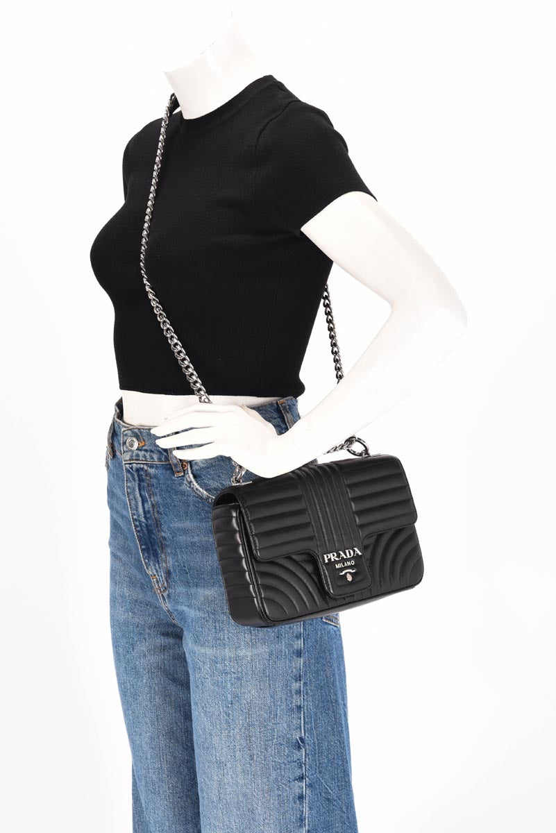 Prada Black Soft Calfskin Impunture Diagramme Medium Bag