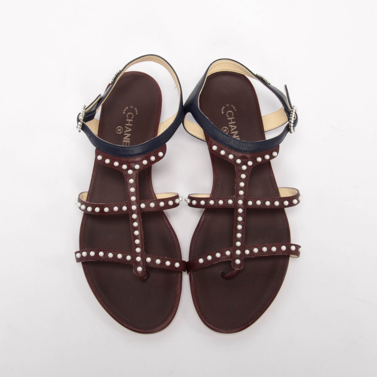 Chanel Burgundy & Navy Lambskin & Pearl Caged Sandals 37