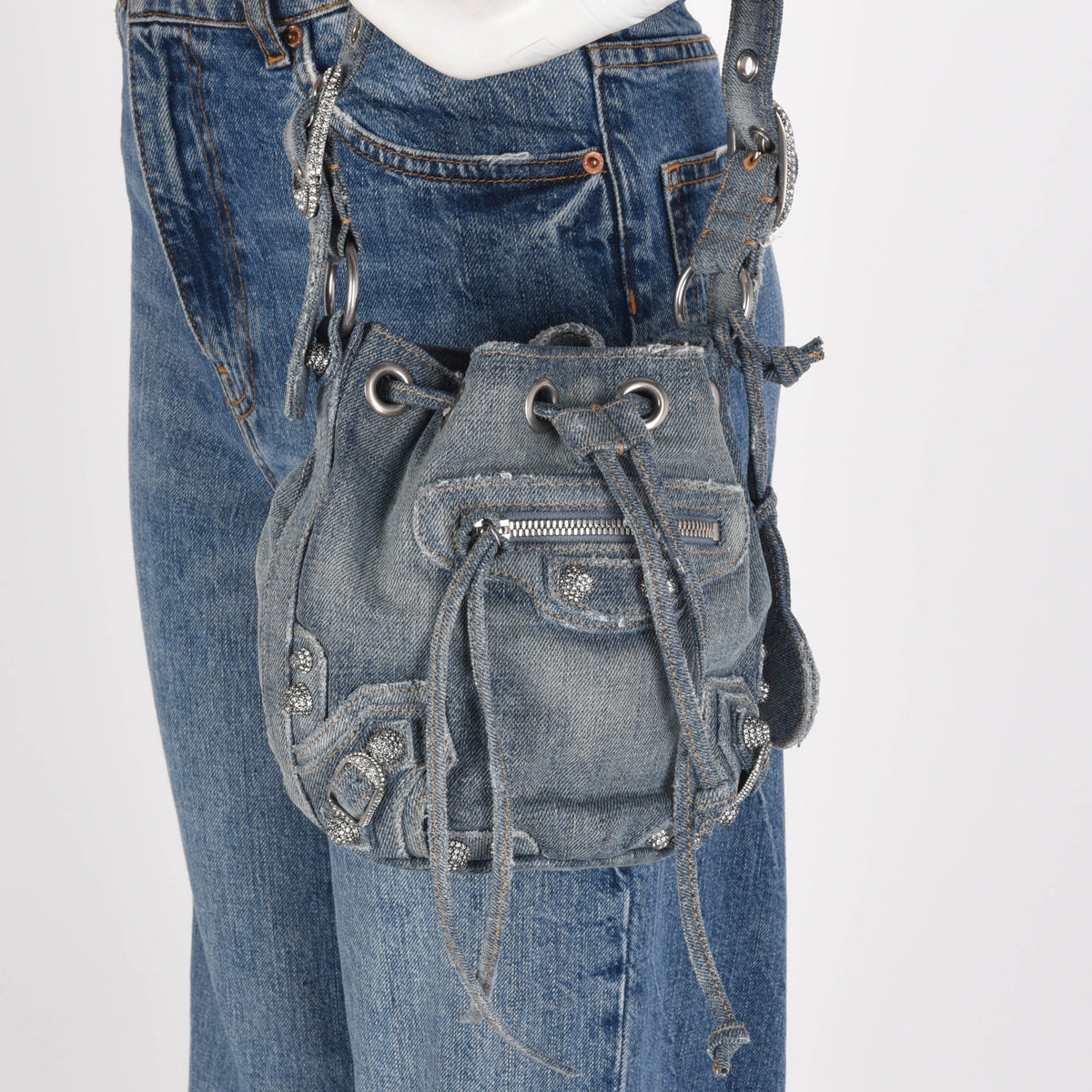 Balenciaga Blue Denim & Crystal BB Monogram Le Cagole Bucket Bag
