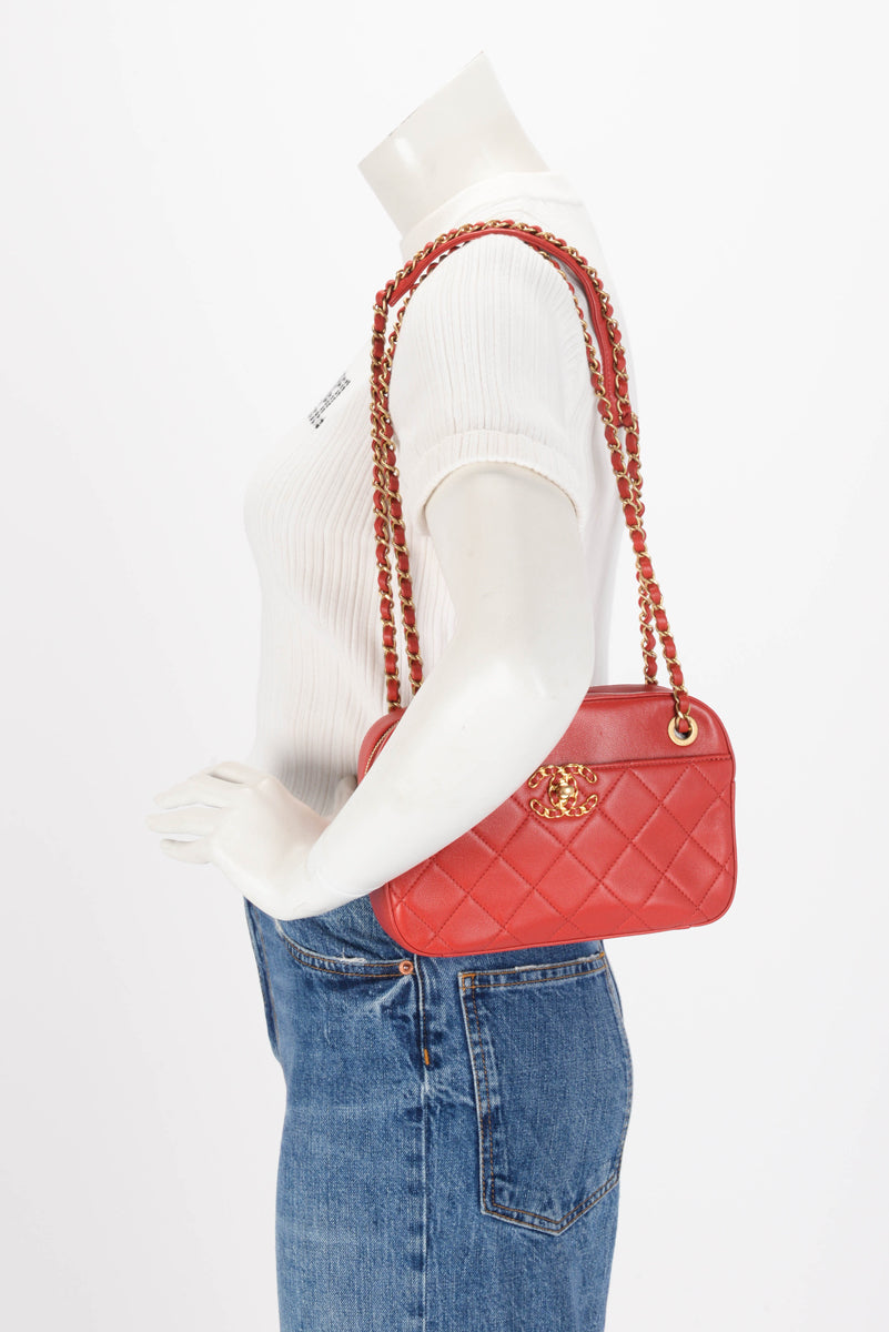 Chanel Red Quilted Lambskin Chain Infinity Camera Case