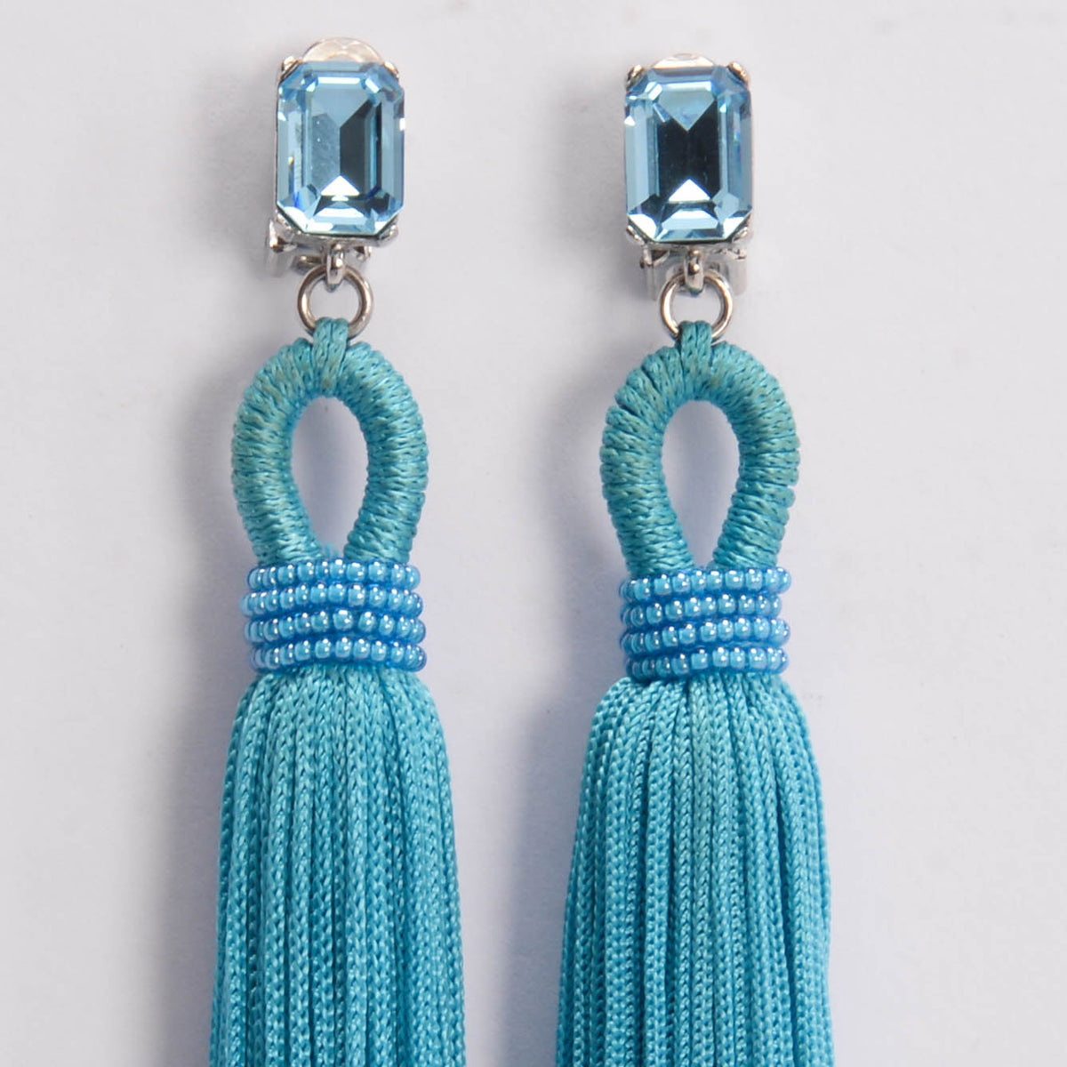 Oscar de la Renta Blue Crystal Tassel Clip On Earrings