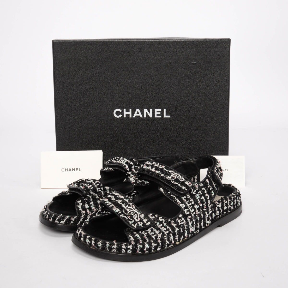 Chanel Black & White Tweed Crystal CC Dad Sandals 38.5