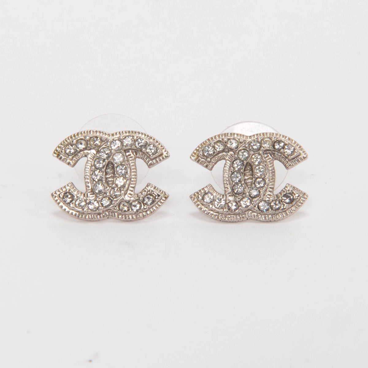 Chanel Silver Crystal CC Stud Earrings